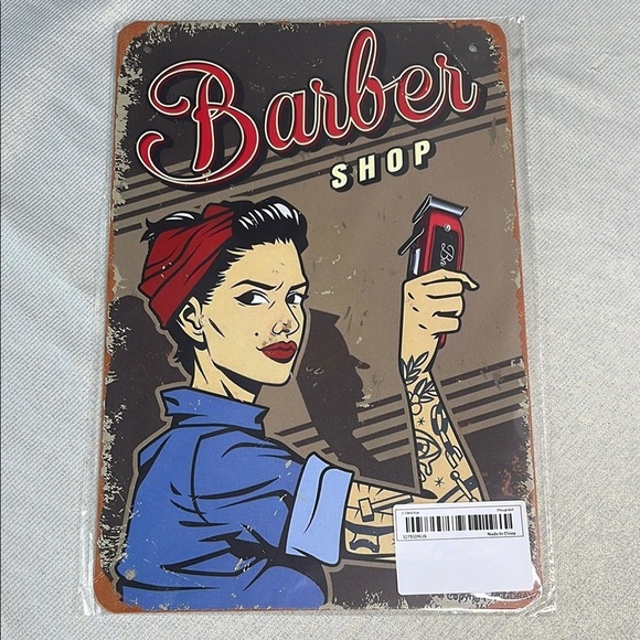 Vintage Vibe NWT Barber Shop Tin Metal Sign Red Blue Brown Rusty Look - Picture 6 of 6